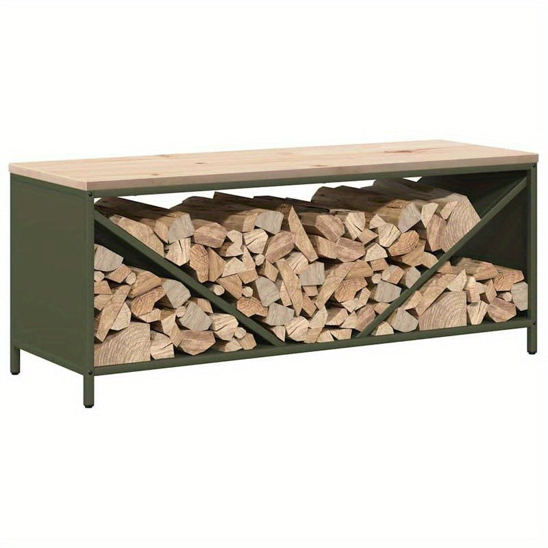 Houtopslag – Brandhoutrek – Haardhoutrek – Houtberging – Haardhoutopslag – Roestvrijstalen Frame – Uittrekbaar Ontwerp 100,5x35,5x40 cm – Weerbestendig Buitengebruik – Olijfgroen Houten Blad