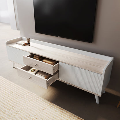 Tv-meubel – Tv-kast – Lowboard – Mediameubel – Tv-dressoir – Wit en Houtlook – 160 cm Breedte – Gestreepte Schuifdeuren met Lades