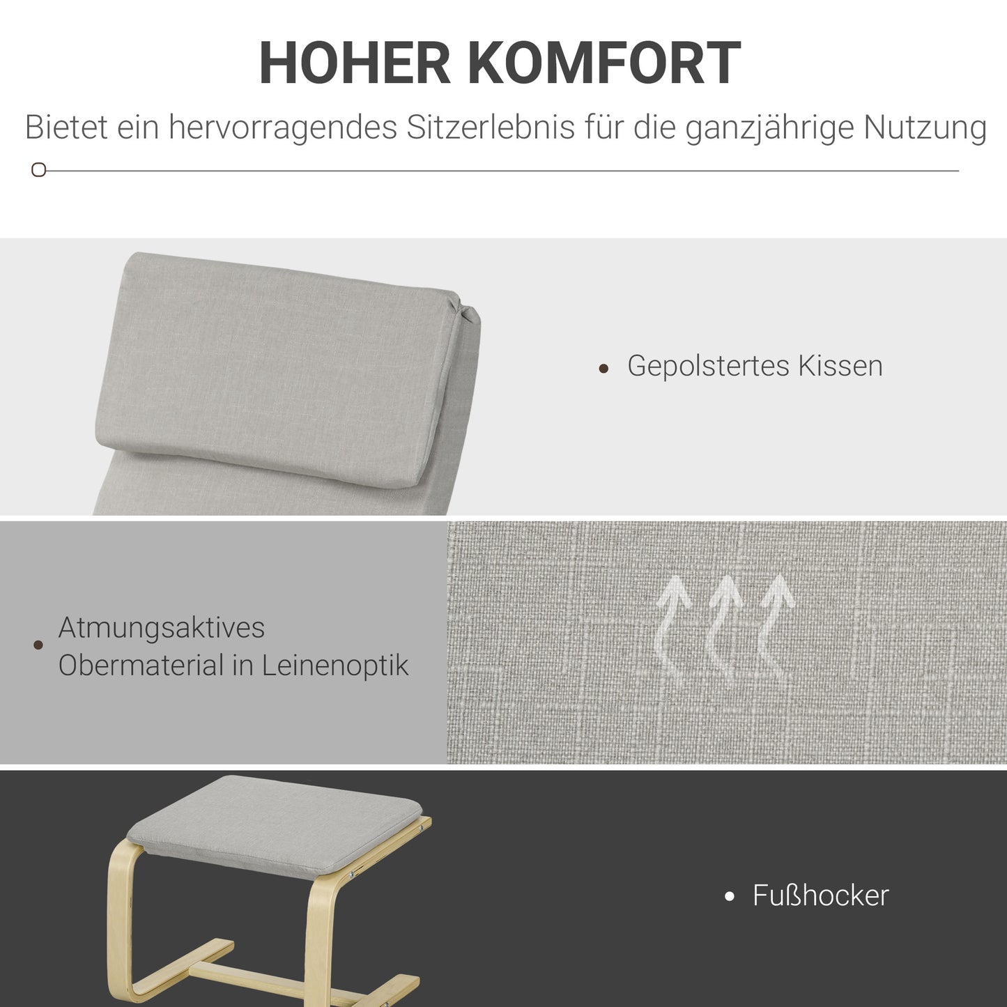 Loungestoel – Fauteuil – Relaxstoel – Zetel – Armstoel – Linnenlook Stof – Houten Frame – Incl. Voetenbankje – Max 120 Kg – Lichtgrijs/Natuur