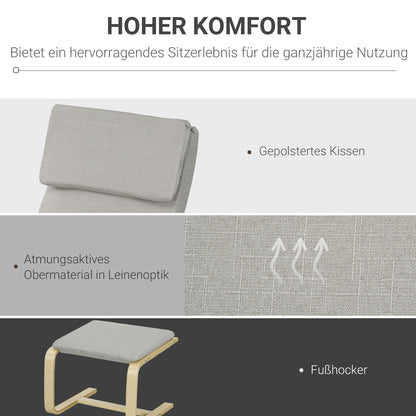 Loungestoel – Fauteuil – Relaxstoel – Zetel – Armstoel – Linnenlook Stof – Houten Frame – Incl. Voetenbankje – Max 120 Kg – Lichtgrijs/Natuur