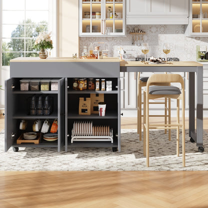 Bartafel – Barkruktafel – Barmeubel – Uitschuifbare Tafel – Roomdivider – Grijs – Uitschuifbaar Met 6 Planken – Bamboe Met Wieltjes