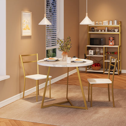 Eetkamertafel Set – Ronde Tafel – Bistro Set – Keukentafel – Dinette Set – Goudkleurig – Compact 2-Persoons – Gestoffeerde Stoelen – Stevig Stalen Frame