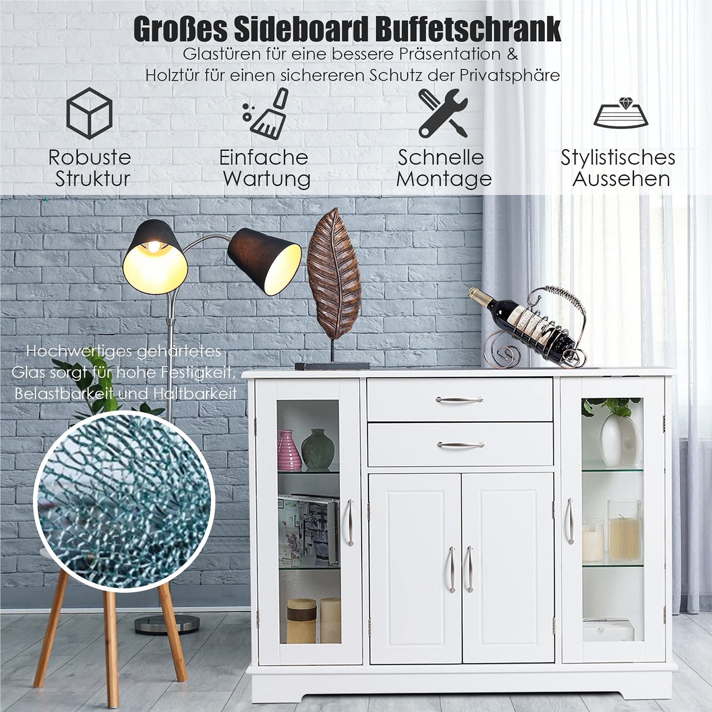 Dressoir – Sideboard – Kast – Buffetkast – Opbergkast – Wit – Temperglas Deuren – MDF 107x30x82 cm