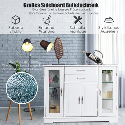 Dressoir – Sideboard – Kast – Buffetkast – Opbergkast – Wit – Temperglas Deuren – MDF 107x30x82 cm