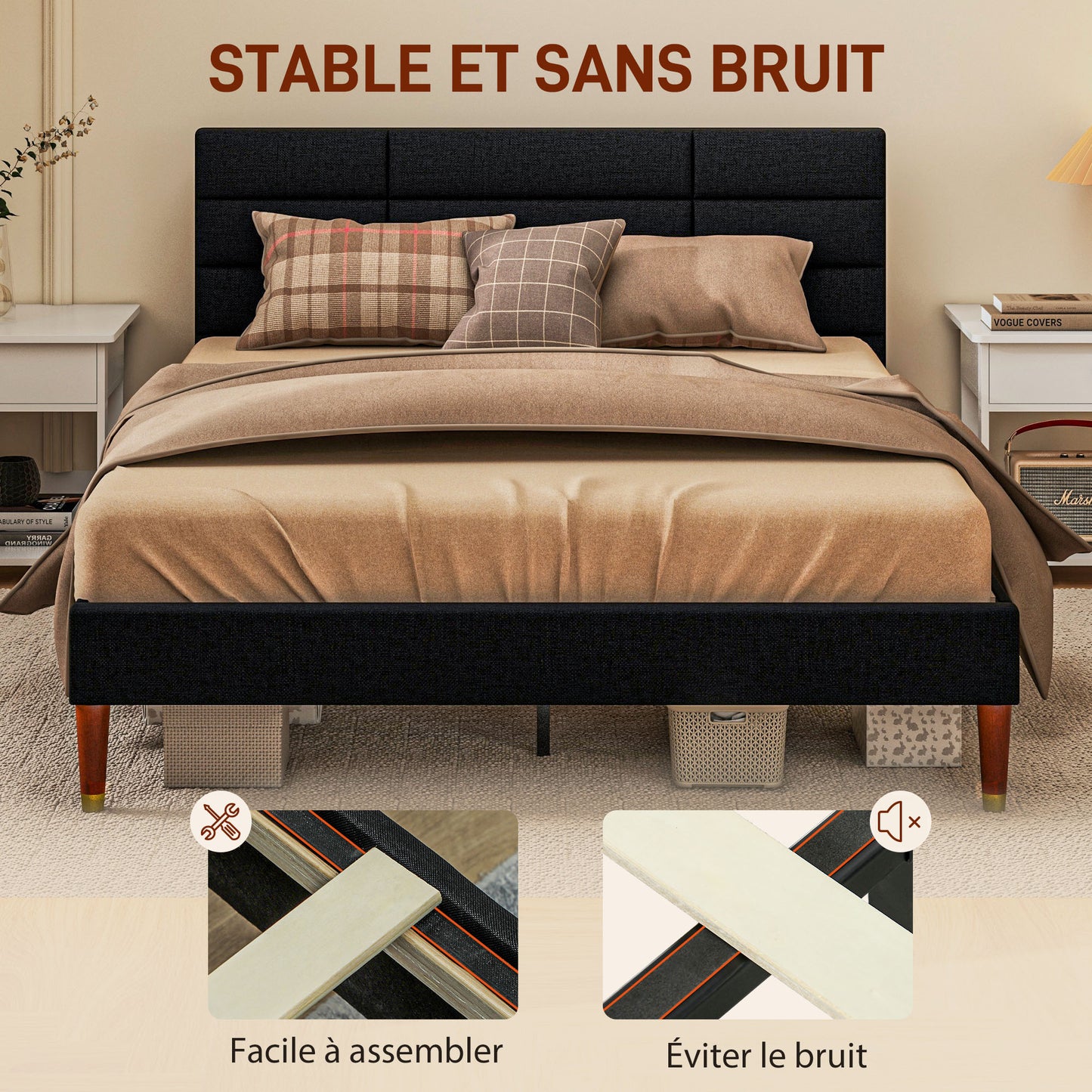 Tweepersoons Bedframe – Bedframe Met Opbergruimte – Bedbodem – Stalen Bedframe – Slatted Bed – 140x200 cm – Verhoogde Onderbedruimte – Gestoffeerd Hoofdbord Zwart