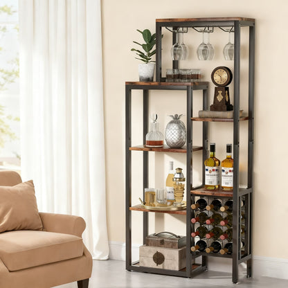 Wijnrek Vrijstaand – Wijnrek Vloerstaand – Wijnrek Industrieel – Wijnrek 5-Laags – Wijnrek Met Glashouder – Ruimte Voor 12 Flessen – Robuust Houten Met Zwart Metalen Frame