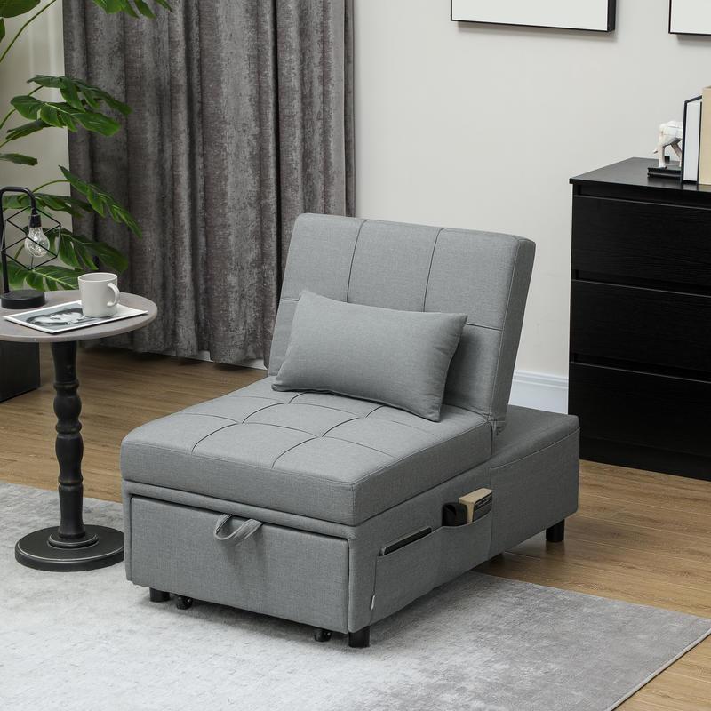 3-in-1 Convertible Sofa Bed with Storage Pocket, Adjustable Backrest & Pillow - Multifunctional Sleeper Chair with Rollers, Space-Saving Design for Small Spaces, Easy Assembly, Durable Plastic/Wood/Metal Frame - Ideal for Liv