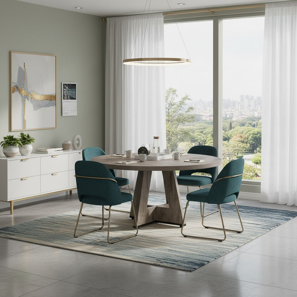 Ronde Bureau – Schrijftafel – Studietafel – Werkplek Meubel – Landelijk Bureau – Diameter 119 cm – Massief Houten Voet – Grijze Afwerking