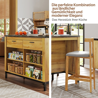 120×75×90cm, Country-Style Kitchen Island with 2 Drawers and 4 Open Shelves, Oak Grain Finish, Black Marble Countertop, Metal Frame, Kitchen Island With Seating, Kitchen Shelf Organizers And Storage, Island Table For Kitche