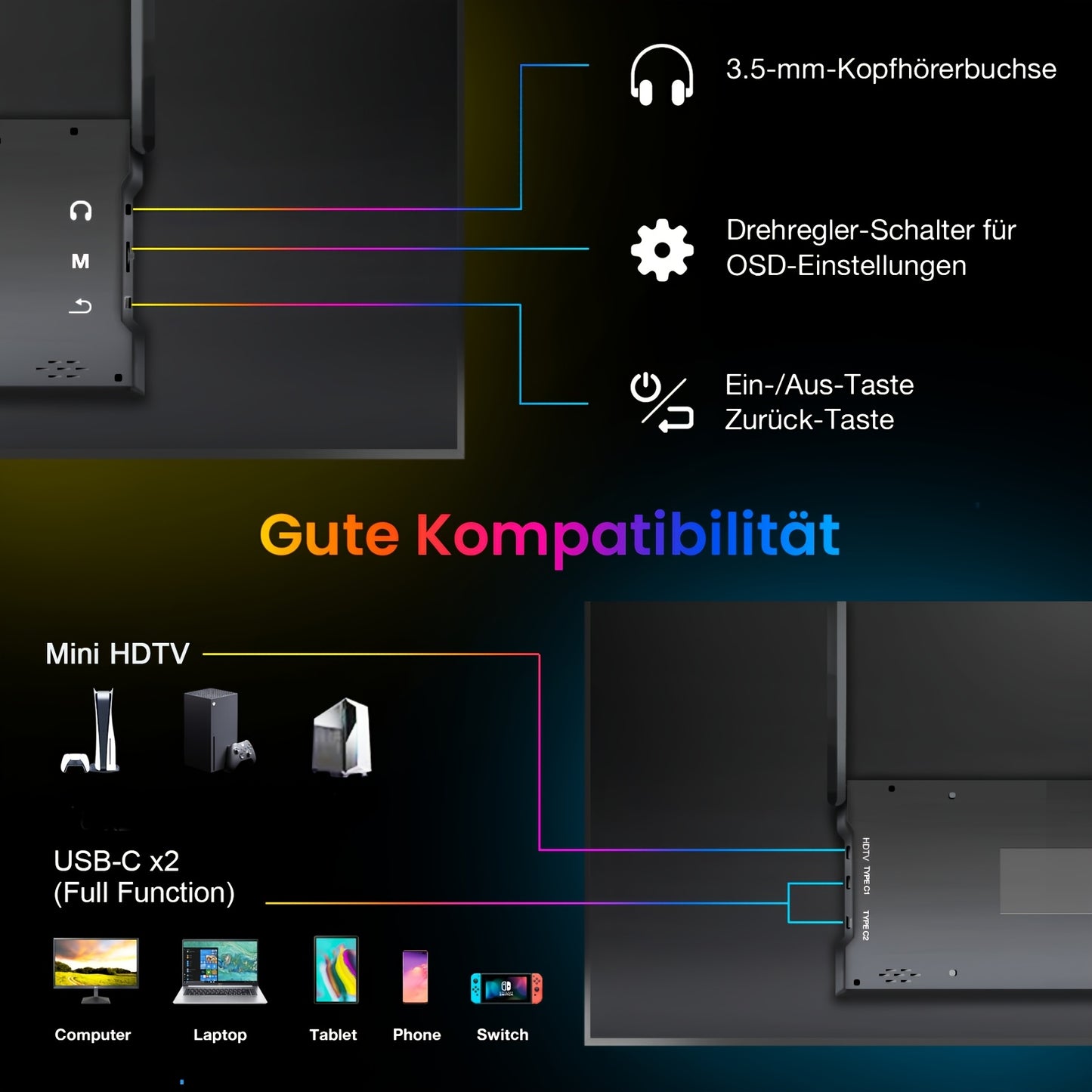 Portable Monitor – Extra Scherm – Tweede Beeldscherm – Laptop Monitor – Gaming Monitor – 18,5 Inch – 120Hz Refresh Rate – 100% sRGB Kleurruimte