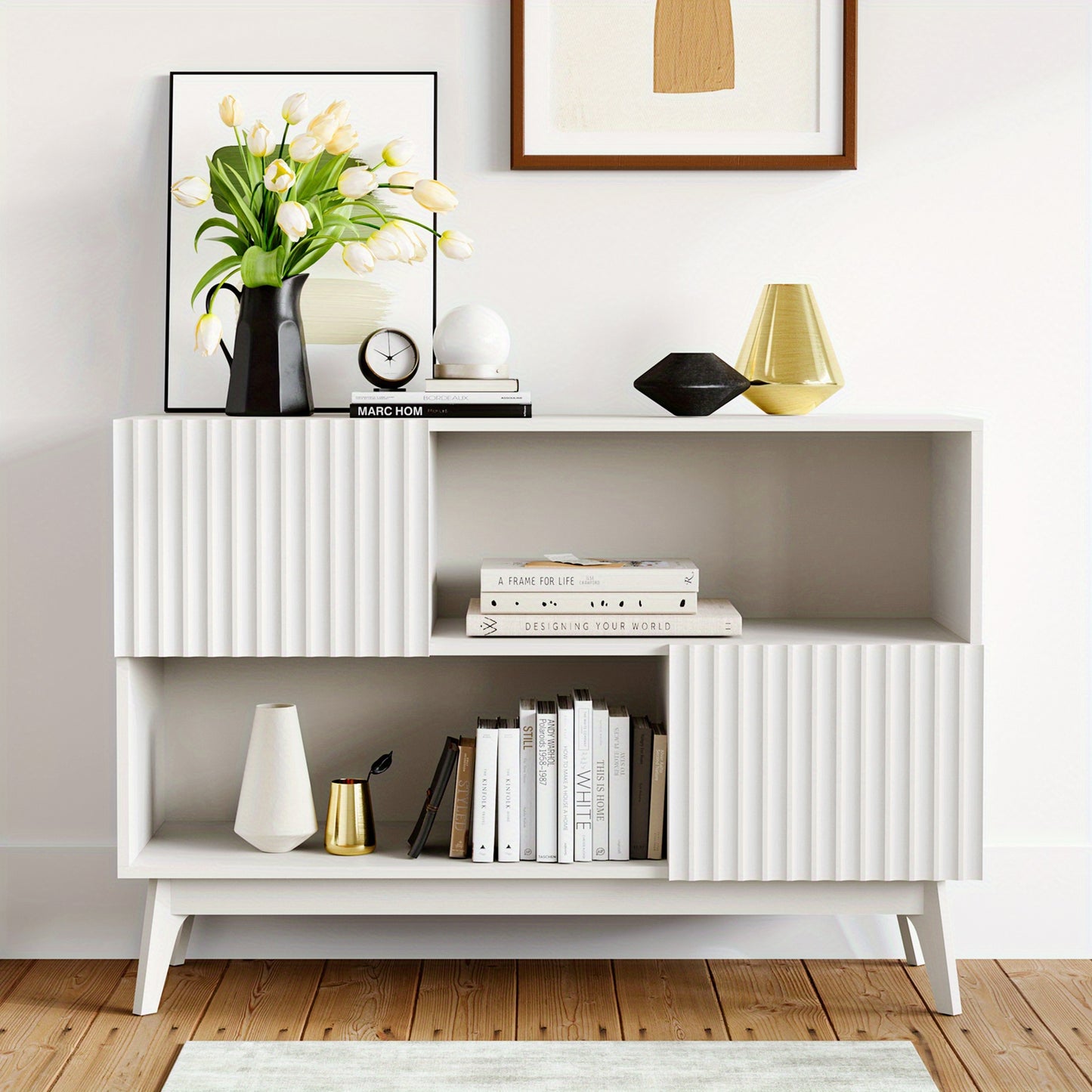Industriële Sidetafel – Wandtafel – Console Tafel – Bijzettafel – Sofa Tafel – Wit – Soft-Close Deuren – Metalen Poten – Compact 100 cm – Kabeldoorvoer – Ruime Opbergruimte