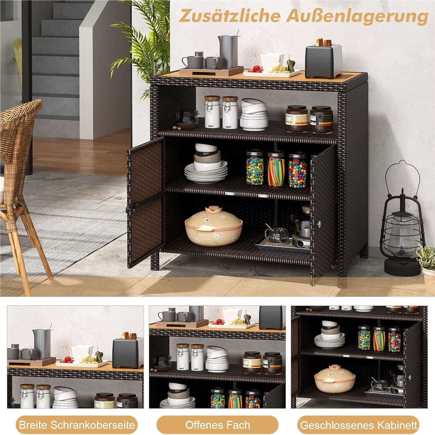 Tuinkast Rattan Opbergkast Bergkast Buitenopberger Terraskast – Bruin – Acaciahouten Werkblad – Verstelbare Voetjes – 90x53x86 cm