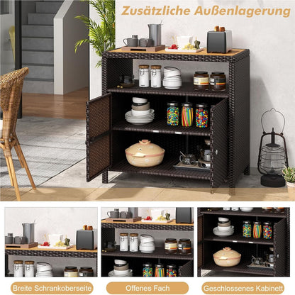 Tuinkast Rattan Opbergkast Bergkast Buitenopberger Terraskast – Bruin – Acaciahouten Werkblad – Verstelbare Voetjes – 90x53x86 cm