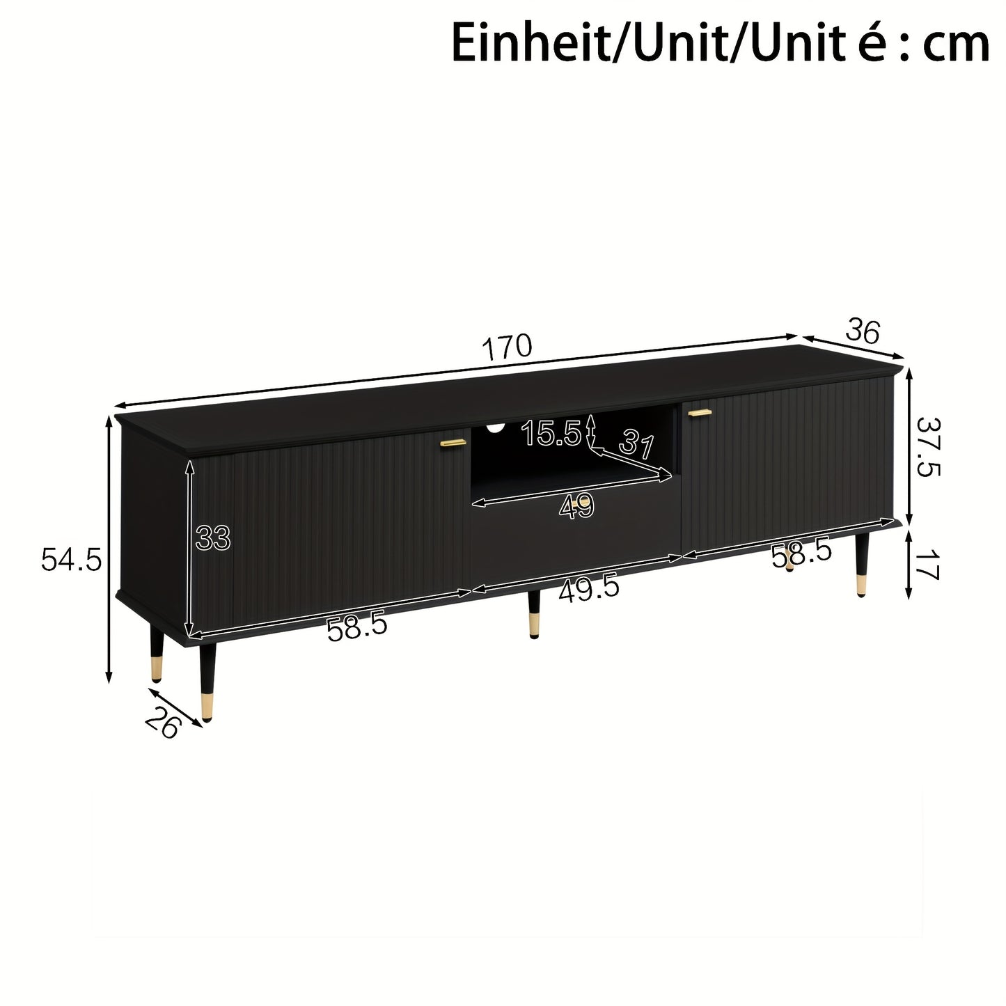tv-meubel – tv-standaard – tv-kast – entertainmentmeubel – dressoir – Zwarte Uitvoering – Soft-Close Deuren – Gouden Accent Poten