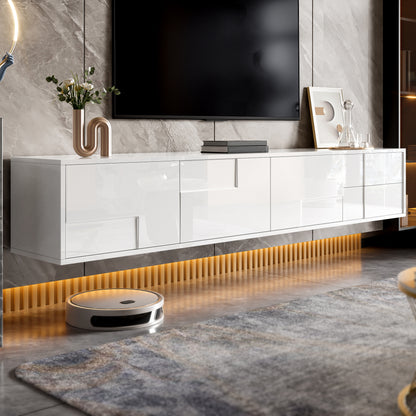 Modern Wall-Mountable TV Stand Compatible for 170cm Wide - Floor-Standing or Wall-Mountable Media Console with 3 Doors & 2 Drawers, Handleless Design, High-Gloss Finish, for Living Room (No Wood)