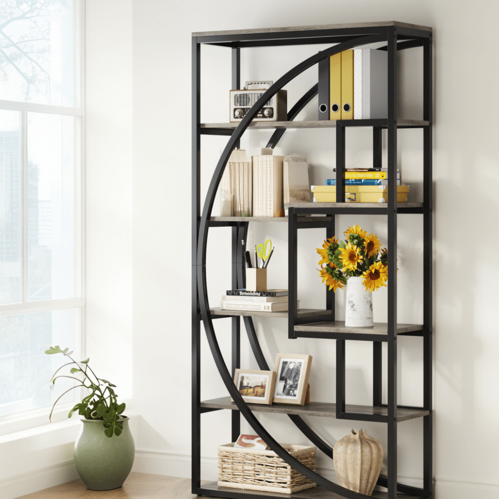 70-Inch Tall Industrial Modern Bookcase with 8 Shelves - Heavy-Duty Wood & Black Metal Frame, Curved Back Panel Design, White/Painted - Sturdy -Standing Storage Unit for Home Office, Living Room, Display Shelving (Assembly Re