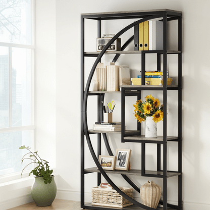 70-Inch Tall Industrial Modern Bookcase with 8 Shelves - Heavy-Duty Wood & Black Metal Frame, Curved Back Panel Design, White/Painted - Sturdy -Standing Storage Unit for Home Office, Living Room, Display Shelving (Assembly Re