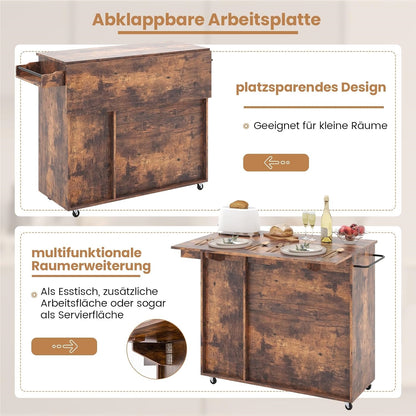 Keukentrolley – Serveerwagen – Keukenwagen – Werktafel – Dessertewagen – Uitklapbaar Werkblad – Wijnrek Voor 7 Flessen – Houten Keukenwagen Bruin