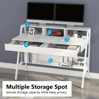 Bureau – Bureautafel – Computertafel – Werkplek – Schrijftafel – Wit Hout – Met Opbergruimte en Monitorstandaard – 120 cm Breed