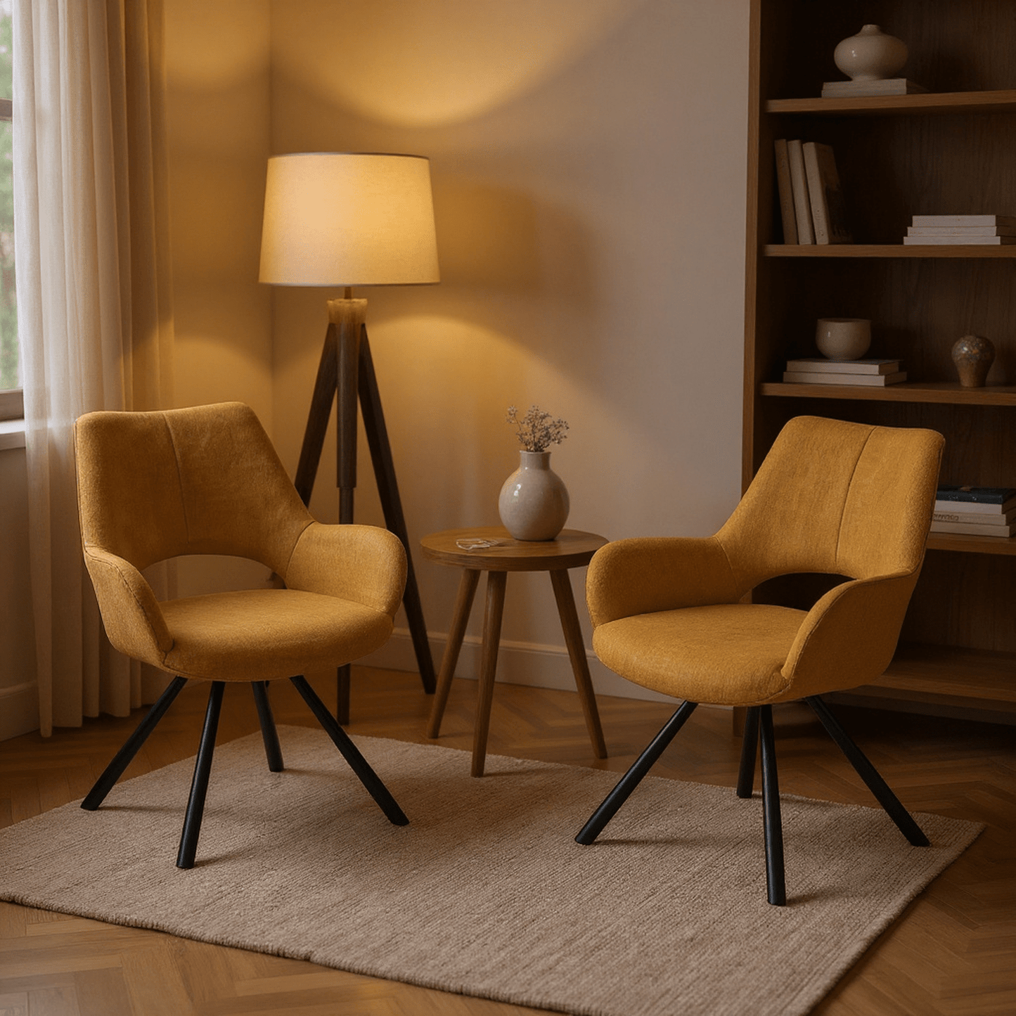 Scandinavische Stoel – Eetkamerstoel – Fauteuil – Relaxstoel – Designstoel – Gele Katoenen Bekleding – Stabiele Metalen Poten – Open Rugleuning – Set Van 2