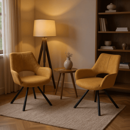 Scandinavische Stoel – Eetkamerstoel – Fauteuil – Relaxstoel – Designstoel – Gele Katoenen Bekleding – Stabiele Metalen Poten – Open Rugleuning – Set Van 2
