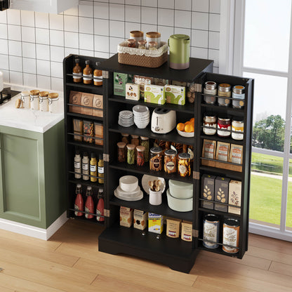 Large Modern Black Metal Freestanding Storage Cabinet with Double Doors & Adjustable Shelves - Heavy-Duty Floor-Standing Kitchen Pantry Cabinet with Door Racks, Spacious Organizer for Kitchen, Dining Room, Living Room - Easy