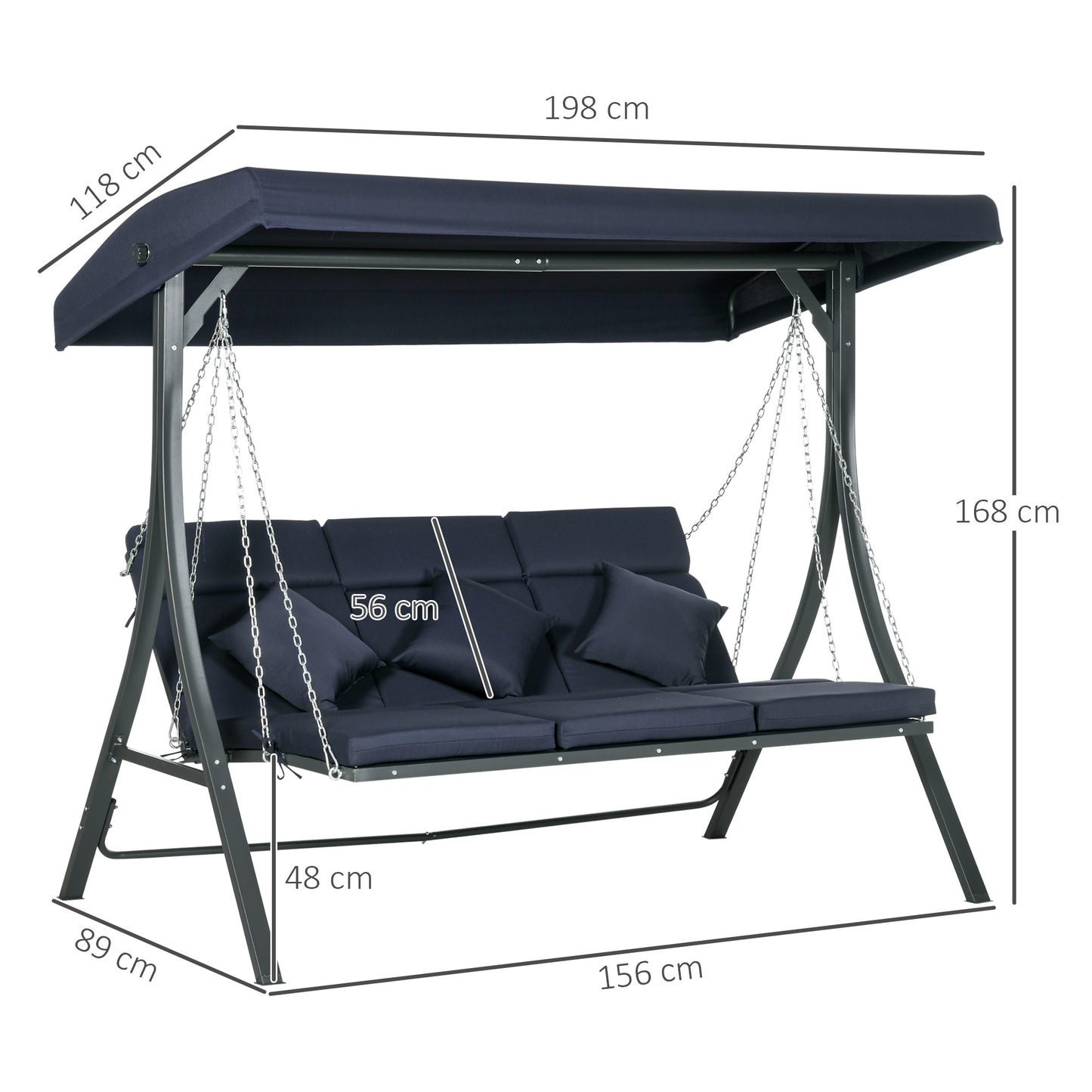 Tuinschommel – Schommelbank – Hollywood Schommel – Tuinbank – 3-Zits – Verstelbaar Zonnescherm – Weerbestendig Metalen Frame – Inclusief Comfortabele Kussens