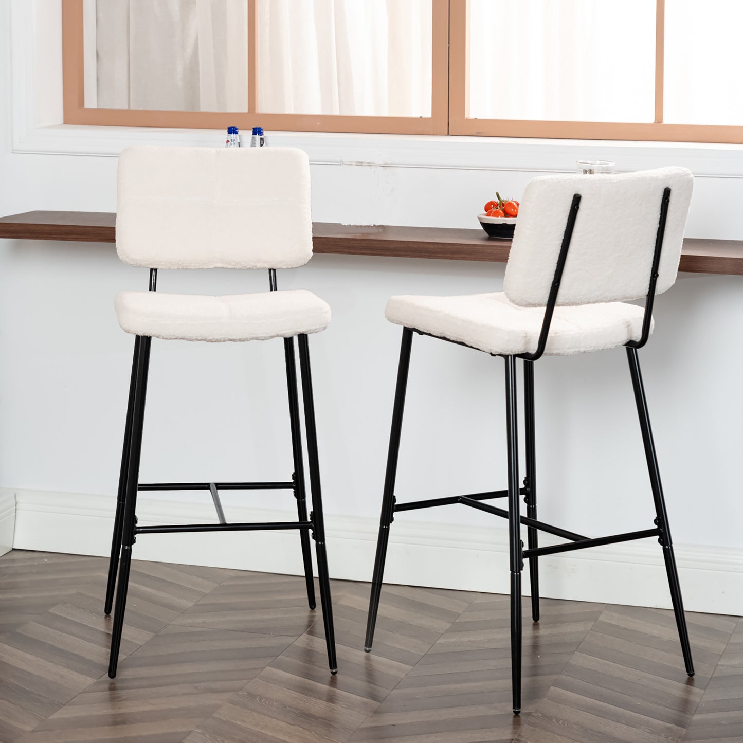 Barstoel – Barkruk – Barstoel Met Rugleuning – Keukenstoel – Barkrukken Set Van 2 – Scandinavisch Design – Fluwelen Bekleding – Metalen Frame – Zithoogte 75 cm – Compacte Afmetingen