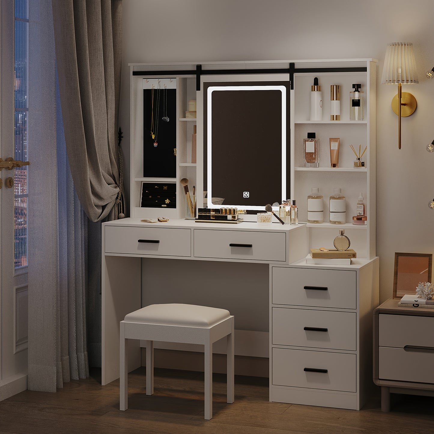 Make-up Tafel – Kaptafel – Schminktafel – Vanity Table – Toogtafel – Verstelbare LED-verlichting – Grote Draaiende Spiegel – Wit – 5 Lades – Sieradenopslag