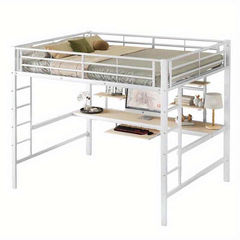 Hoogslaper – Stapelbed – Ligbed – Bed met Bureau – Bed met Planken – Stevig Metaalframe – Ruimtebesparend Ontwerp – 140x200 cm – Wit