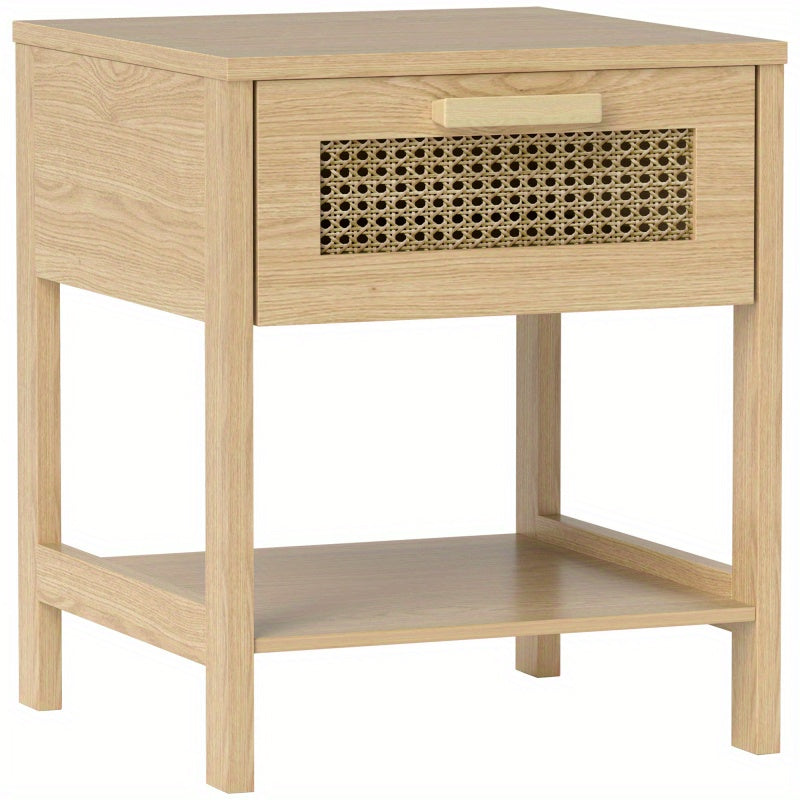 Nachtkastje – Nachtkastjes – Bijzettafel – Ladekast – Bedtafeltje – Natuurlijk Rattan Design – Compact 40x40x48,4 CM Met Lade en Open Plank