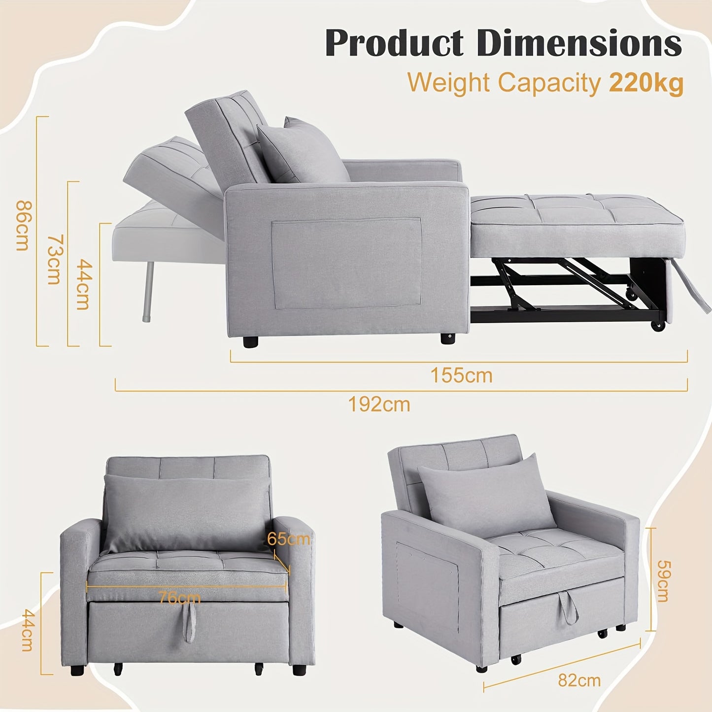 Slaapbank – Bedbank – Slaapstoel – Zetelbed – Slaapfauteuil – Lichtgrijs Linnen – 3-in-1 Multifunctioneel – 86x192 cm Uitklapbaar