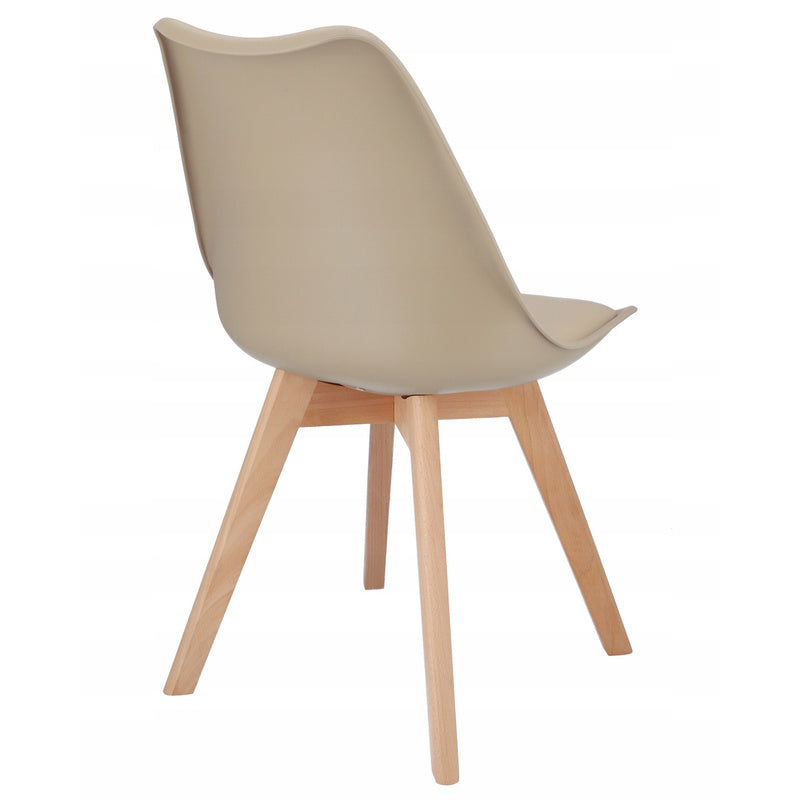 Stoel – Eetkamerstoel – Kuipstoel – Designstoel – Zithoekstoel – Scandinavisch Design – Beukenhouten Poten – Eco-Leren Kussen – Set van 4 – Beige