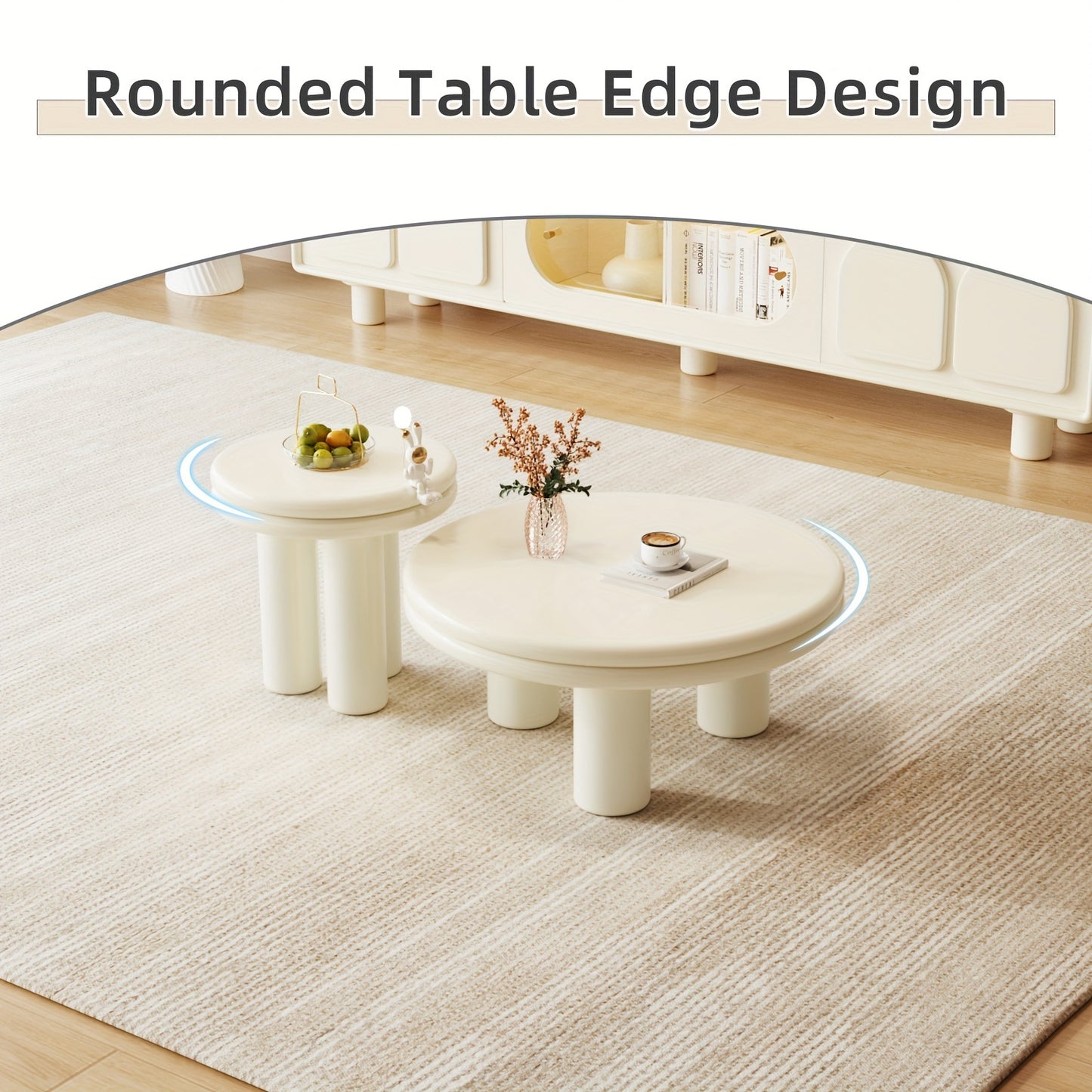 Theetafel – Salontafel – Bijzettafel – Koffietafel – Woonkamertafel – Moderne 2-delige Set – Dubbel Laags Ronde Tafelblad – Crème Wit – Ruimtebesparend & Eenvoudig Te Monteren