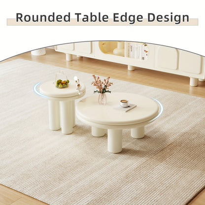Theetafel – Salontafel – Bijzettafel – Koffietafel – Woonkamertafel – Moderne 2-delige Set – Dubbel Laags Ronde Tafelblad – Crème Wit – Ruimtebesparend & Eenvoudig Te Monteren