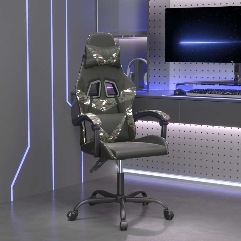 Swivel Gaming Chair in Black Faux Leather And Camouflage.