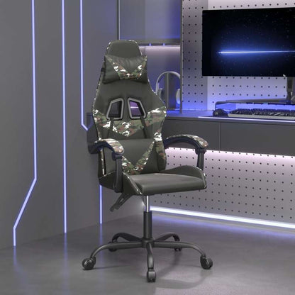 Swivel Gaming Chair in Black Faux Leather And Camouflage.