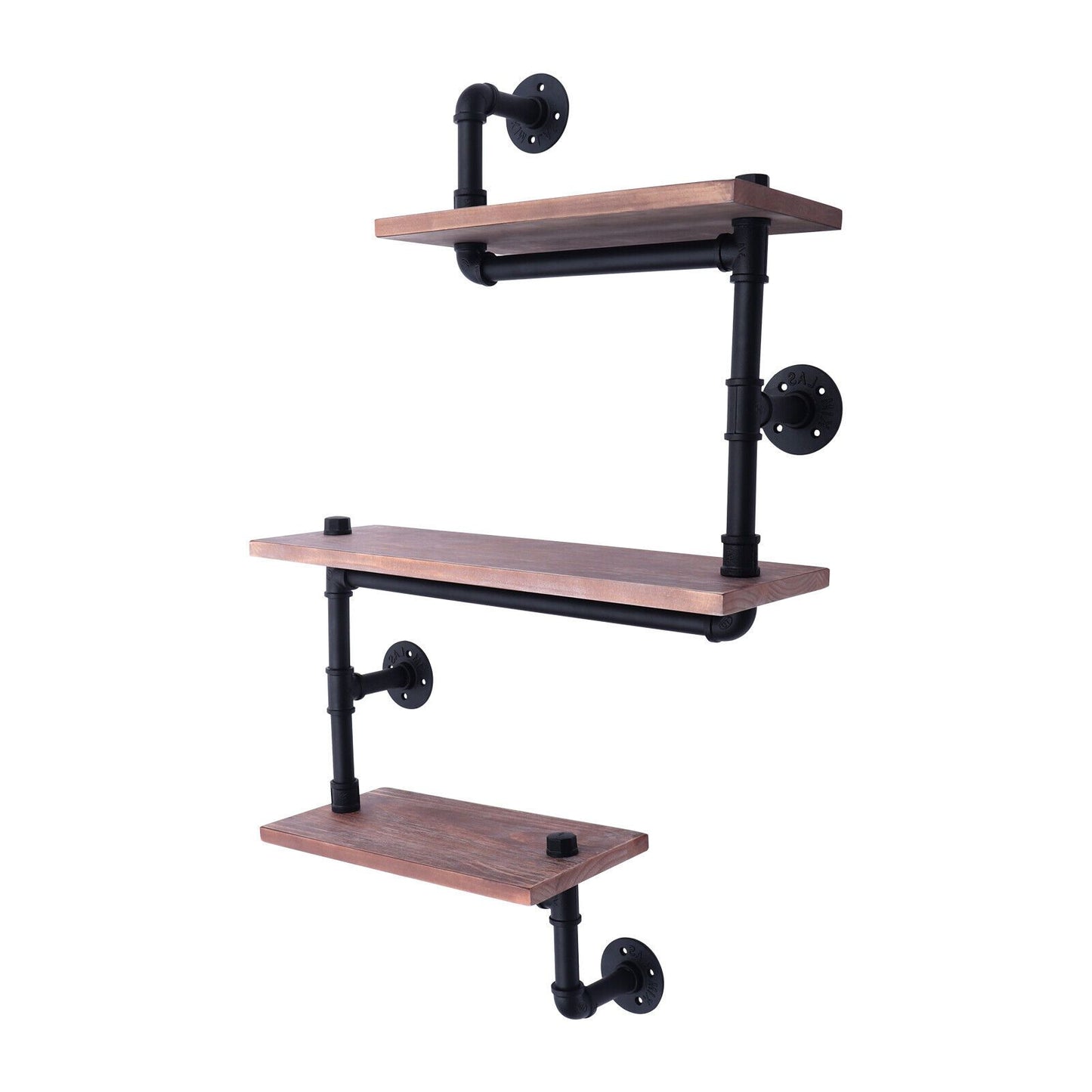 3-laags Wandrek – Muurrek – Plank – Wandplank – Opbergrek – Zwart Bruin Dennehout en Staal – Stevige Constructie en Ruime Opbergruimte