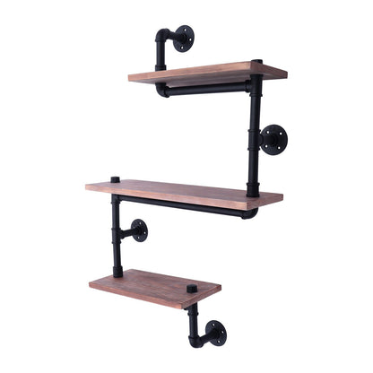 3-laags Wandrek – Muurrek – Plank – Wandplank – Opbergrek – Zwart Bruin Dennehout en Staal – Stevige Constructie en Ruime Opbergruimte