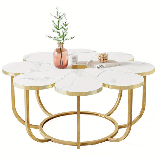 Salontafel – Tafel – Koffietafel – Bijzettafel – Lounge Tafel – Wit en Goud – Bloemvormig Kunstmarmeren Blad – Stevig Metalen Frame 100 cm