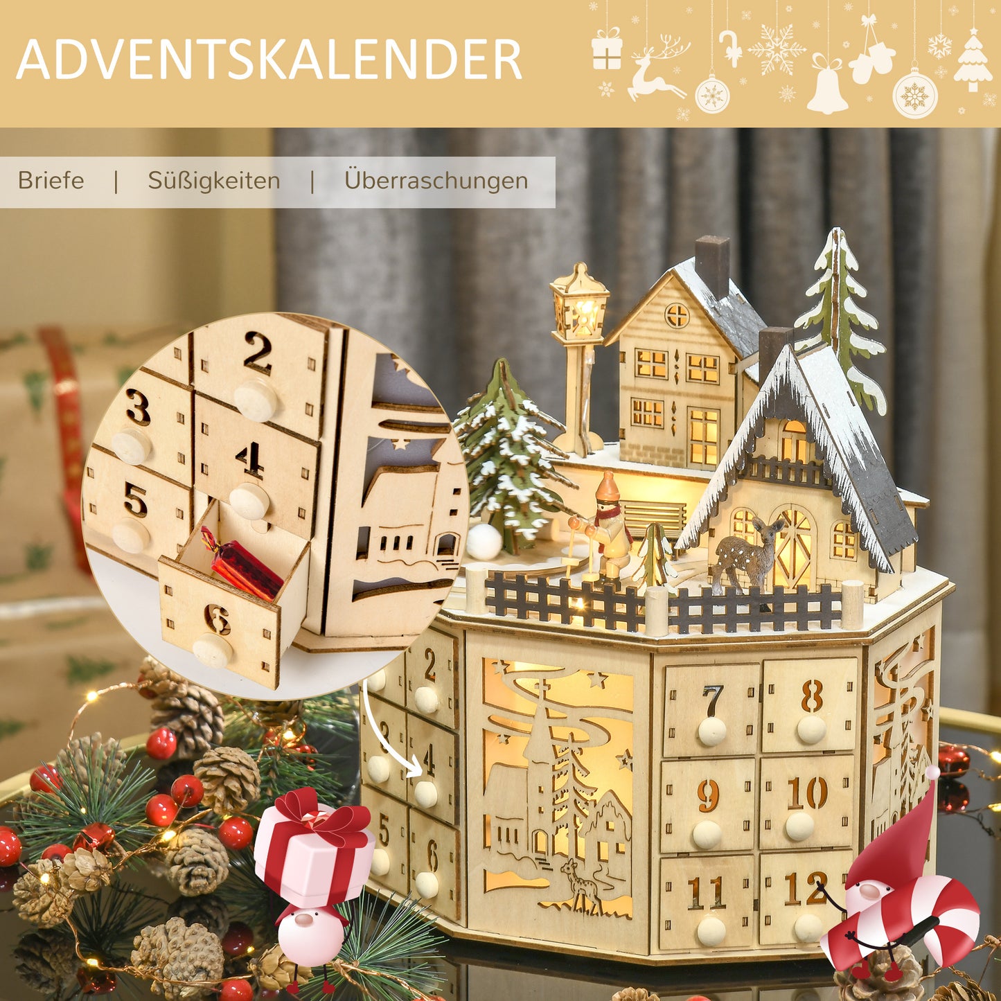 Adventskalender – Aftelkalender – Kerstkalender – Cadeaukalender – Sfeerkalender – 24 Laden – Natuurlijke Houten Afwerking met LED-Verlichting Zonder Stroomkabel