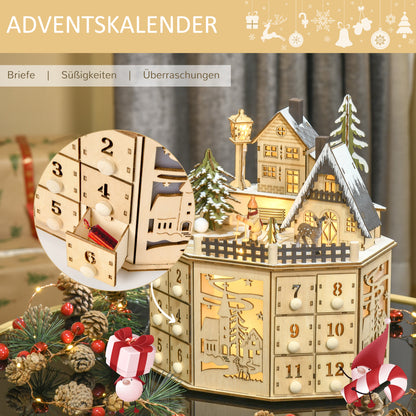 Adventskalender – Aftelkalender – Kerstkalender – Cadeaukalender – Sfeerkalender – 24 Laden – Natuurlijke Houten Afwerking met LED-Verlichting Zonder Stroomkabel