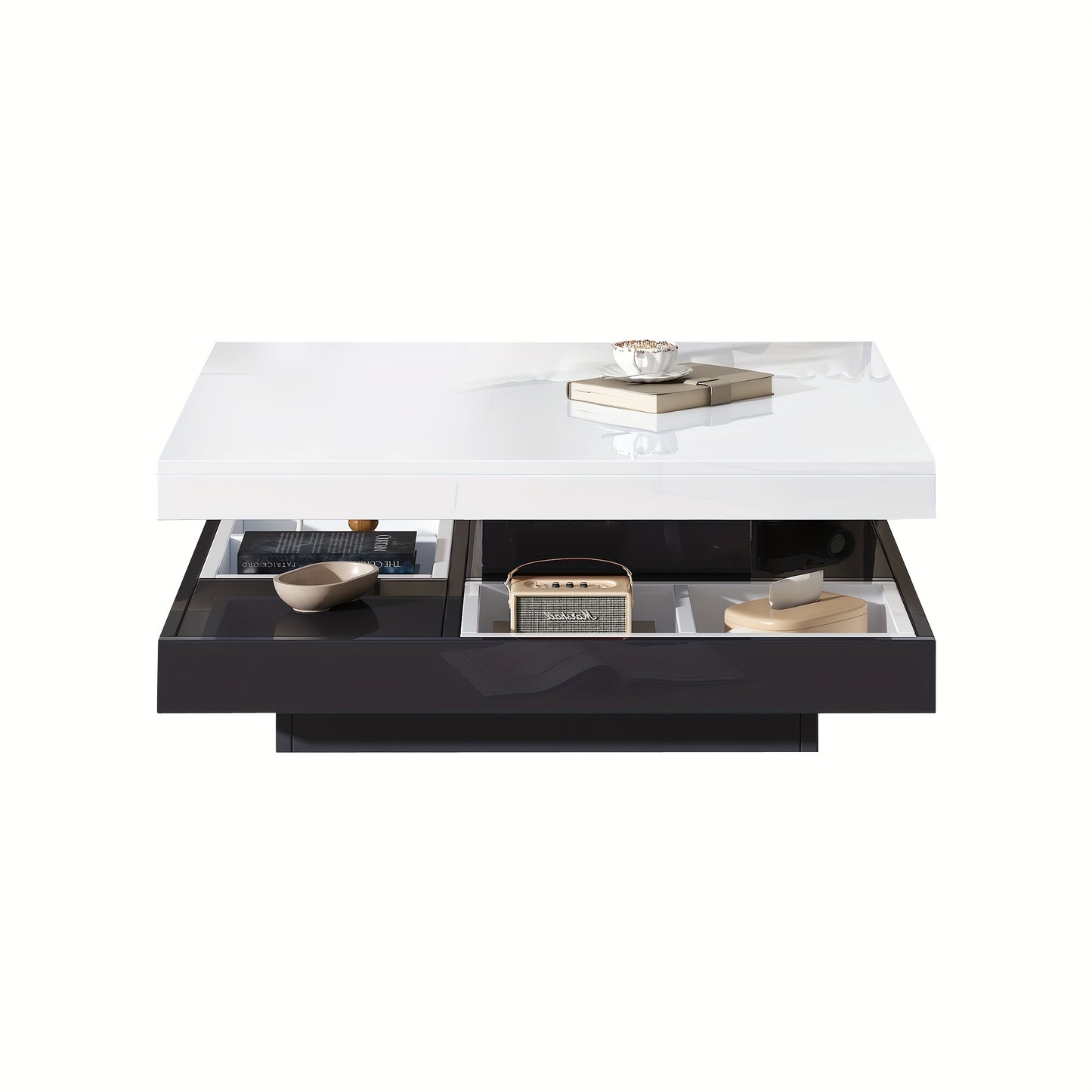 Modern 360° Swivel Coffee Table with Two-Tier Spinning Tabletop & Storage - White Gloss Metal Frame, Black Base, Space-Saving Oval-Effect Design for Small Living Rooms, Apartments - Easy Assembly (70x70x36cm)