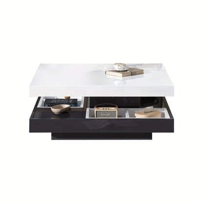 Modern 360° Swivel Coffee Table with Two-Tier Spinning Tabletop & Storage - White Gloss Metal Frame, Black Base, Space-Saving Oval-Effect Design for Small Living Rooms, Apartments - Easy Assembly (70x70x36cm)