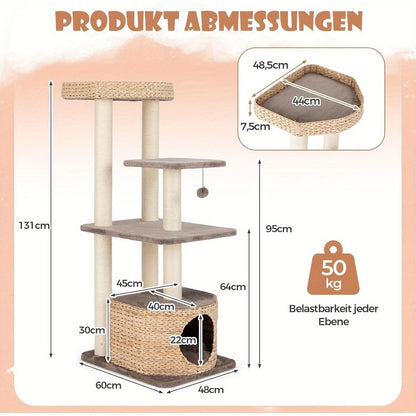 Kattenboom – Krabpaal – Klimpaal – Kattenhuis – Kattenmeubel – Inclusief Zacht Kussen & Speelballetje – 131 cm Hoog – Natuurlijk Sisal & Riet – Koffiekleur