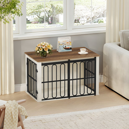 Wooden Dog Cage Furniture, 100cm Household Pet Crate, Double-Door Design with Sliding Door for Small to Medium-Sized Breeds, Includes Sturdy Side Table - 60 × 100× 62.4cm in White and Brown, Extra Large Dog Crate Furniture, - QUORE