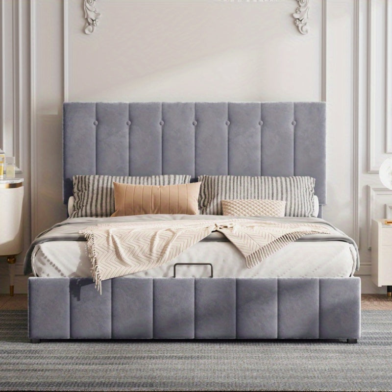 Gestoffeerd Tweepersoonsbed – Opbergbed – Slaapbank – Bedframe – Hydraulisch Bed – 140x200 cm – Fluwelen Hoofdbord – Metalen Lattenbodem