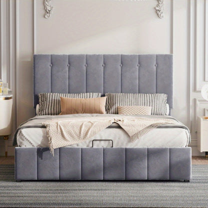 Gestoffeerd Tweepersoonsbed – Opbergbed – Slaapbank – Bedframe – Hydraulisch Bed – 140x200 cm – Fluwelen Hoofdbord – Metalen Lattenbodem
