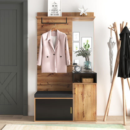 Coat rack and cloakroom suite, comprising four coat hooks, mirror, shoe cabinet, wall-mounted coat rack, top shelf, and hallway bench. Designed to meet diverse requirements, suitable for corridors and entrance halls.