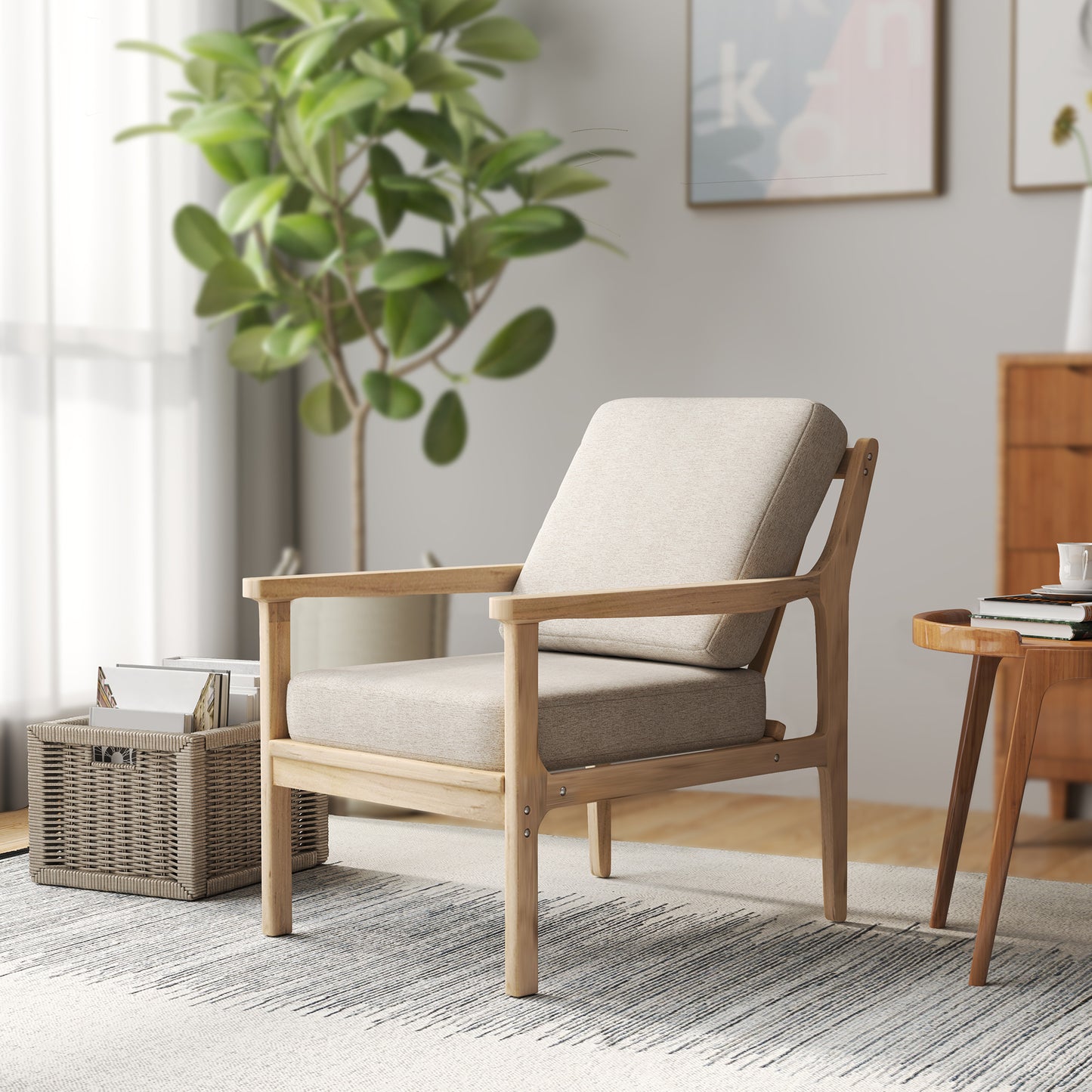 Scandinavische Fauteuil – Relaxstoel – Leunstoel – Woonkamerstoel – Slaapkamerstoel – Linnen-Effect Bekleding – Verwijderbare Wasbare Kussens – Licht Houten Frame – Beige – 62 x 82 x 82 cm